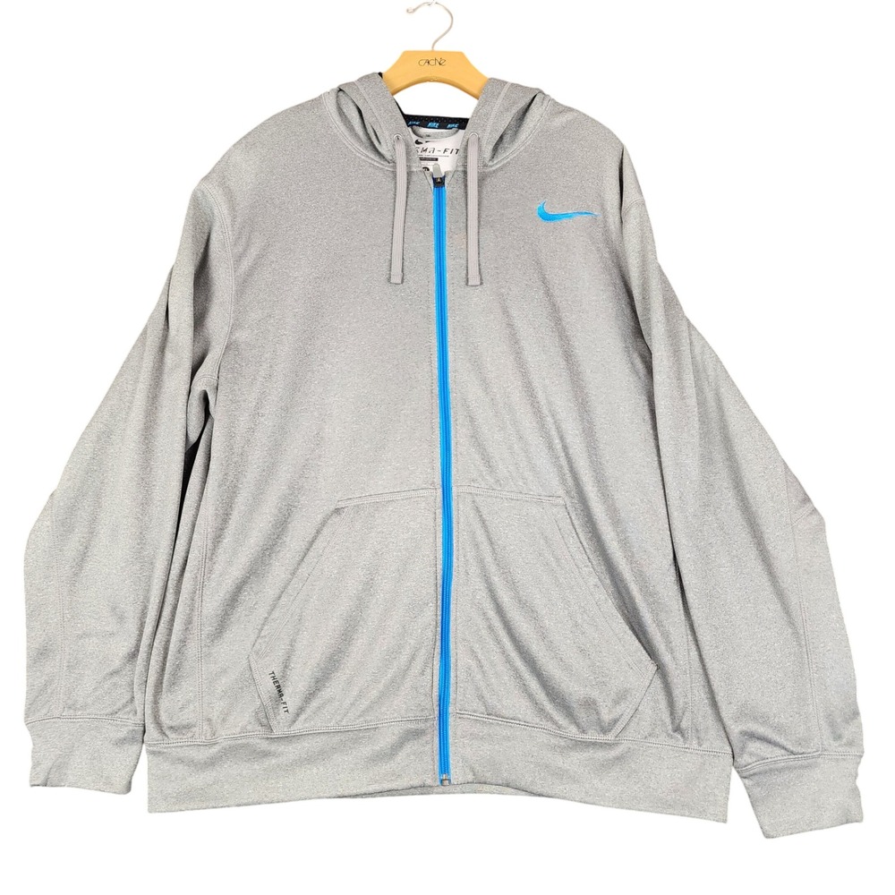 Nike Therma‎ Fit Full Zip Hoodie Gray Blue Logo Athletic Men's XL